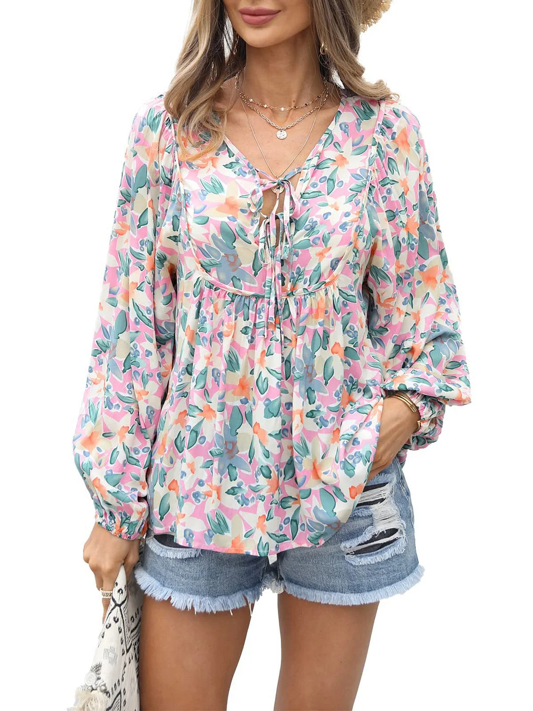 Women plus size clothing Women Long Sleeve V-neck Floral Printed Top-Nordswear