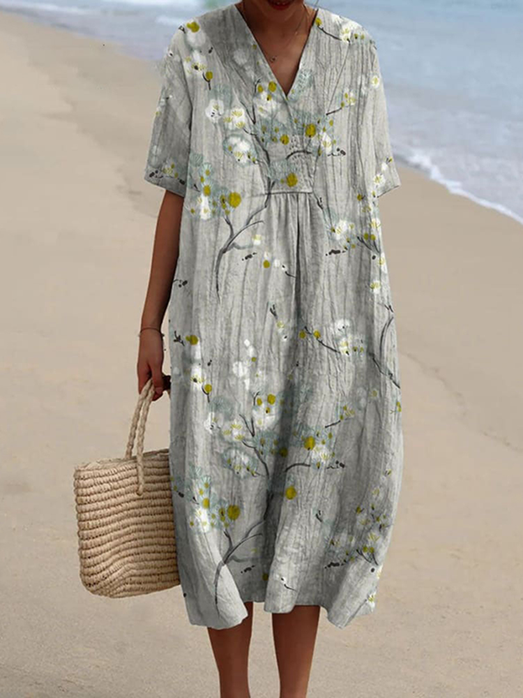 Comstylish Vintage Floral Art Print Casual Flowy Dress