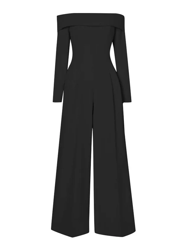 Tied Split-Joint Solid Color Pleated Wide Leg Long Sleeves Off-The-Shoulder Jumpsuits