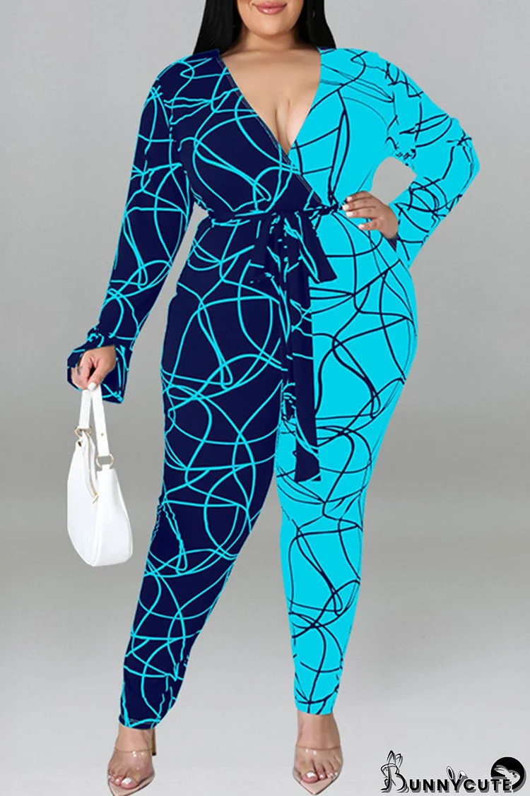 Light Blue Fashion Casual Print Split Joint With Belt V Neck Plus Size Jumpsuits