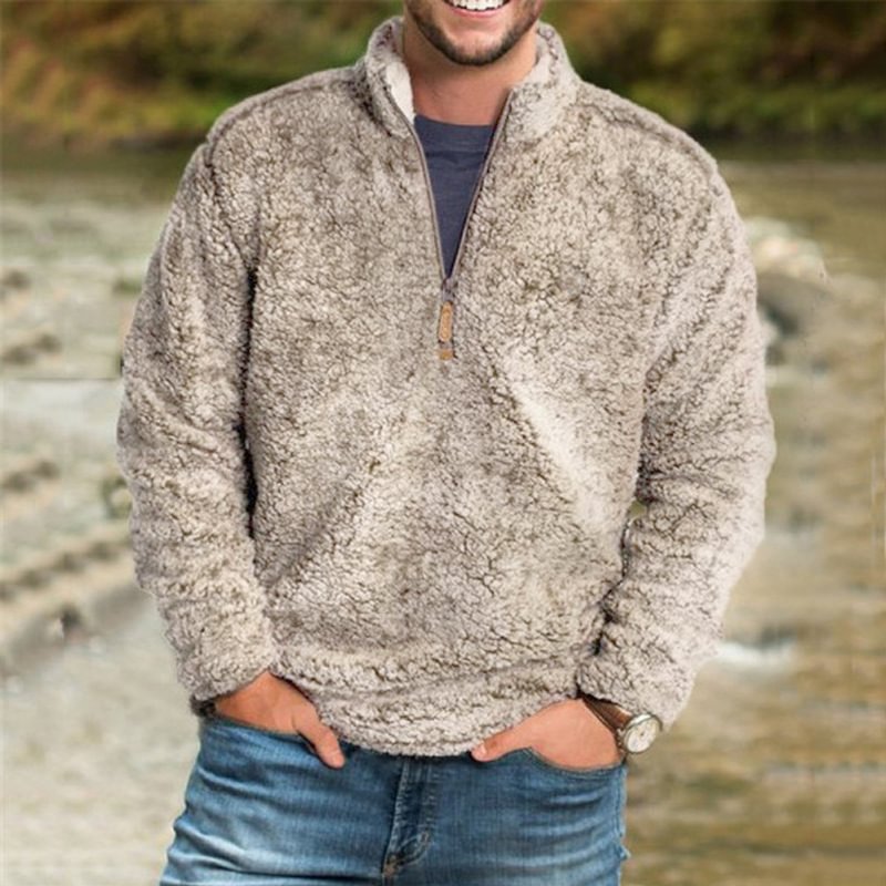 Men's Casual Lamb Fleece Solid Color Stand Collar Thickened Sweatshirt