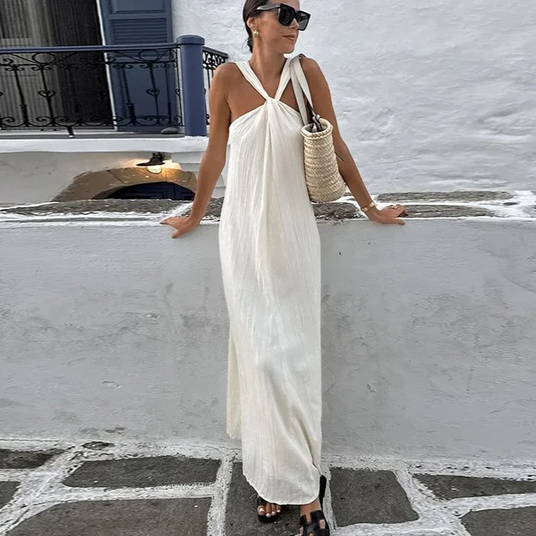 Holiday Style Twist Cross Halter Long Dress