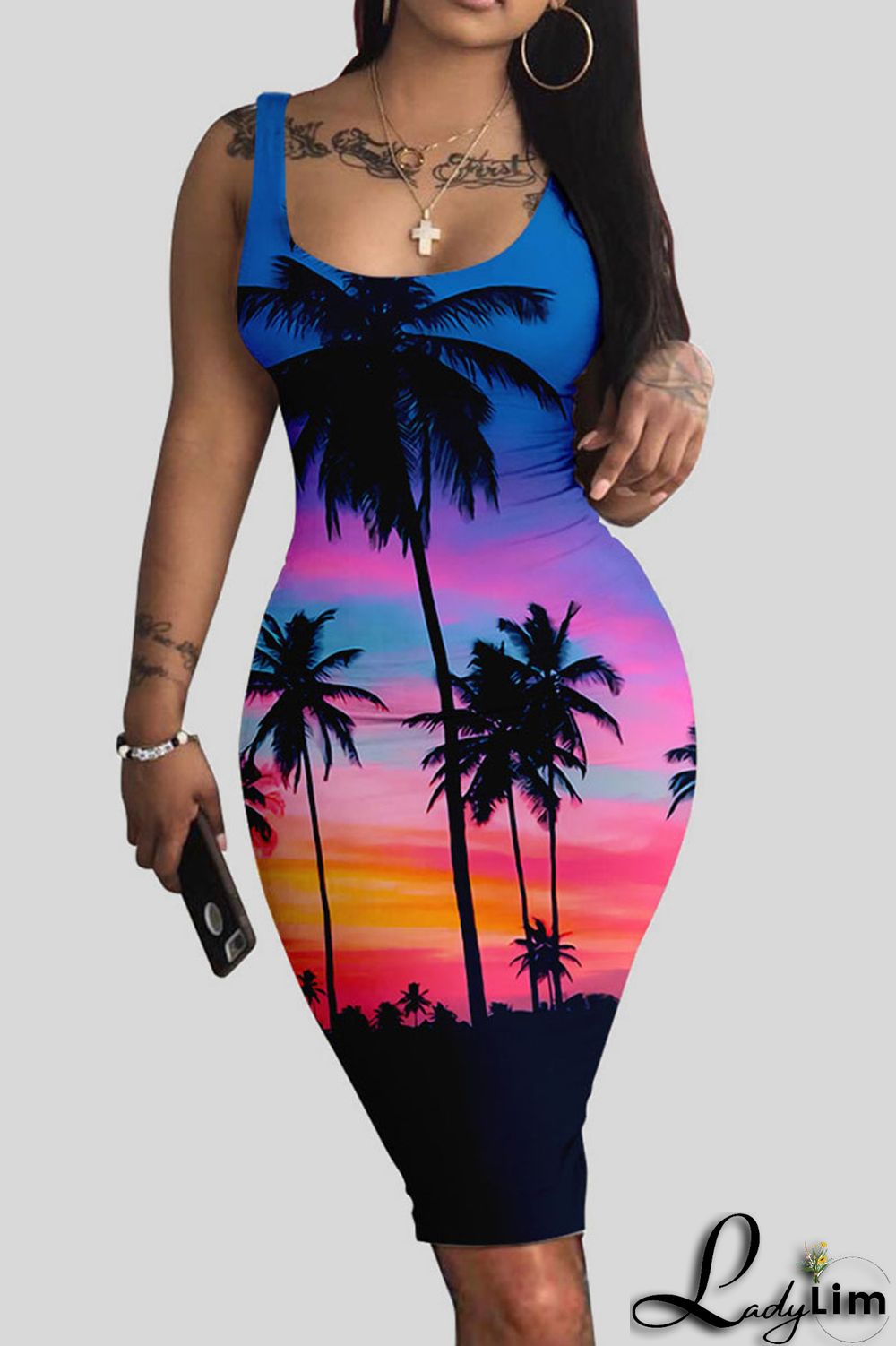 Colour Sexy Print Patchwork U Neck Pencil Skirt Dresses