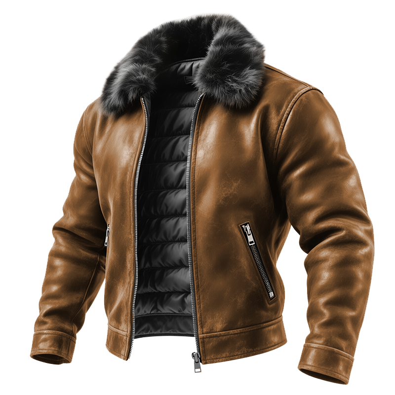 Men's Outdoor Cycling Vintage Brown Leather Jacket With Fur Collar