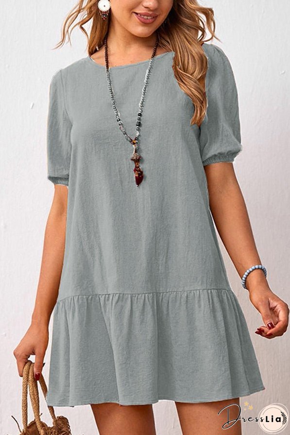 Solid Color Loose Waist Cotton Linen Round Neck Dress