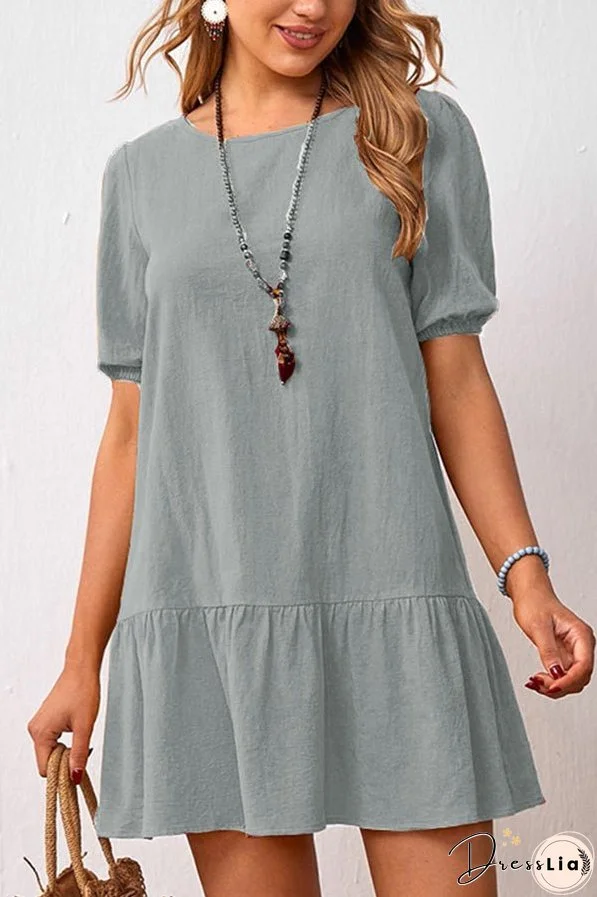 Solid Color Loose Waist Cotton Linen Round Neck Dress