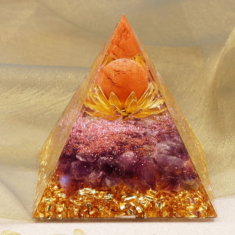 amethyst and sun stone sphere orgone pyramid