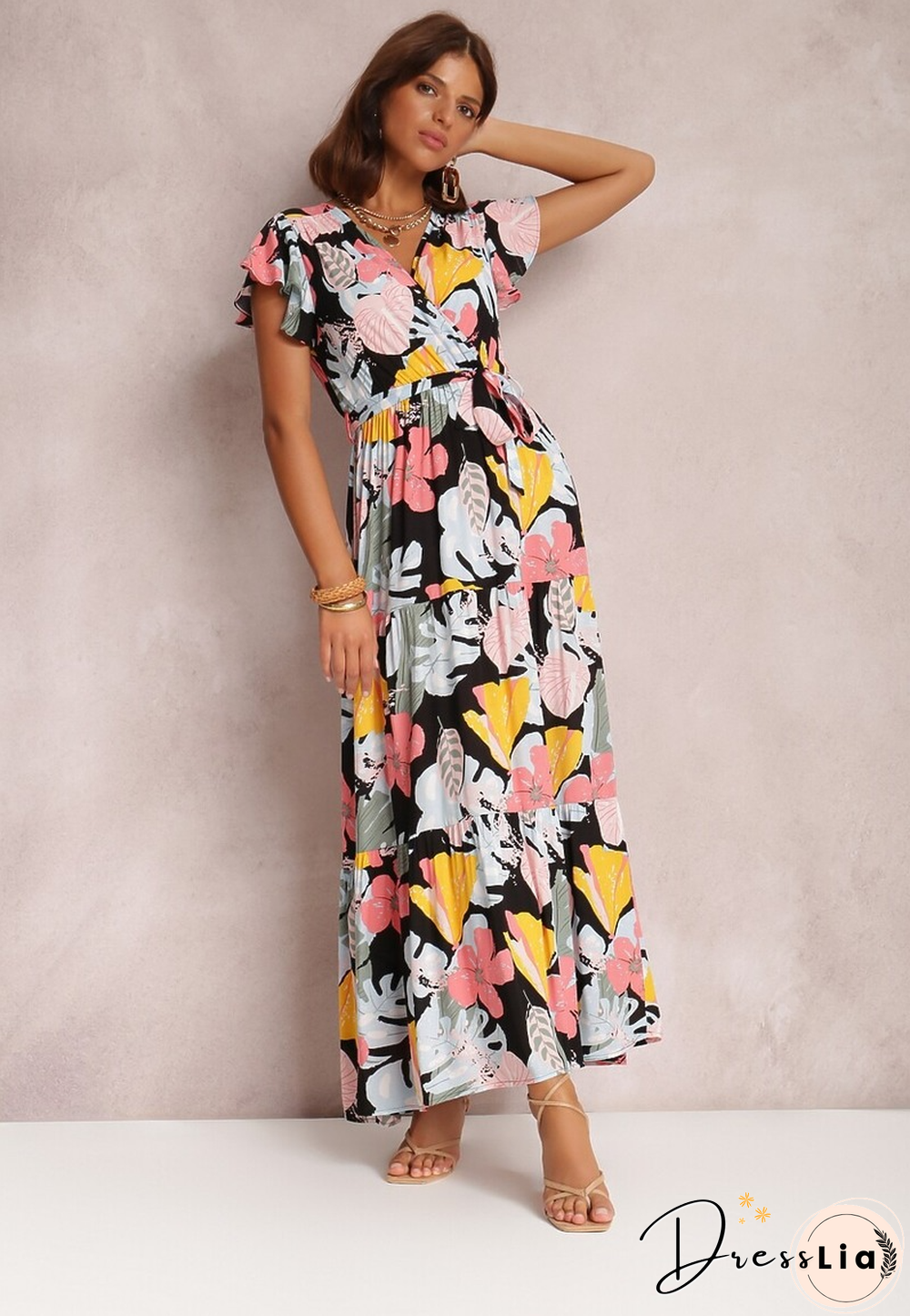 Elegant Floral Print Dress For Women Summer Dresses New Cotton V-Neck Lace-up Ruffle Short Flying Sleeve Maxi Dress