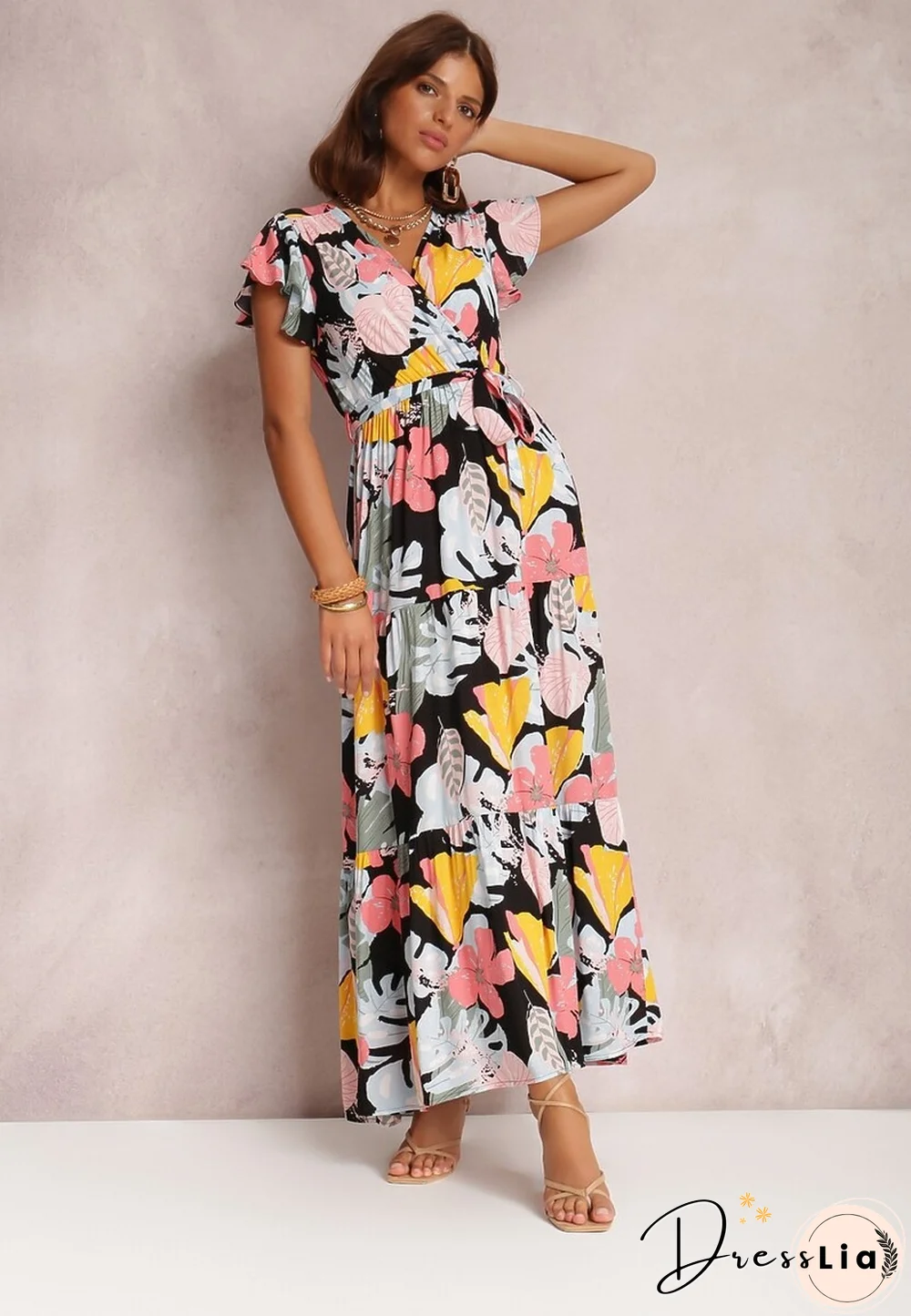 Elegant Floral Print Dress For Women Summer Dresses New Cotton V-Neck Lace-up Ruffle Short Flying Sleeve Maxi Dress