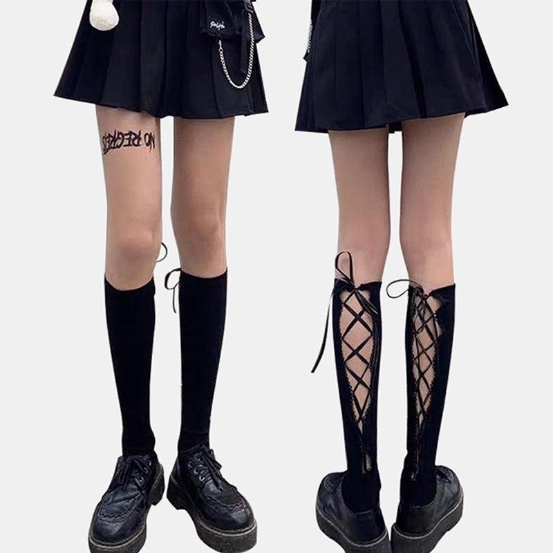 Dark Lolita Lace Up Knee High Socks