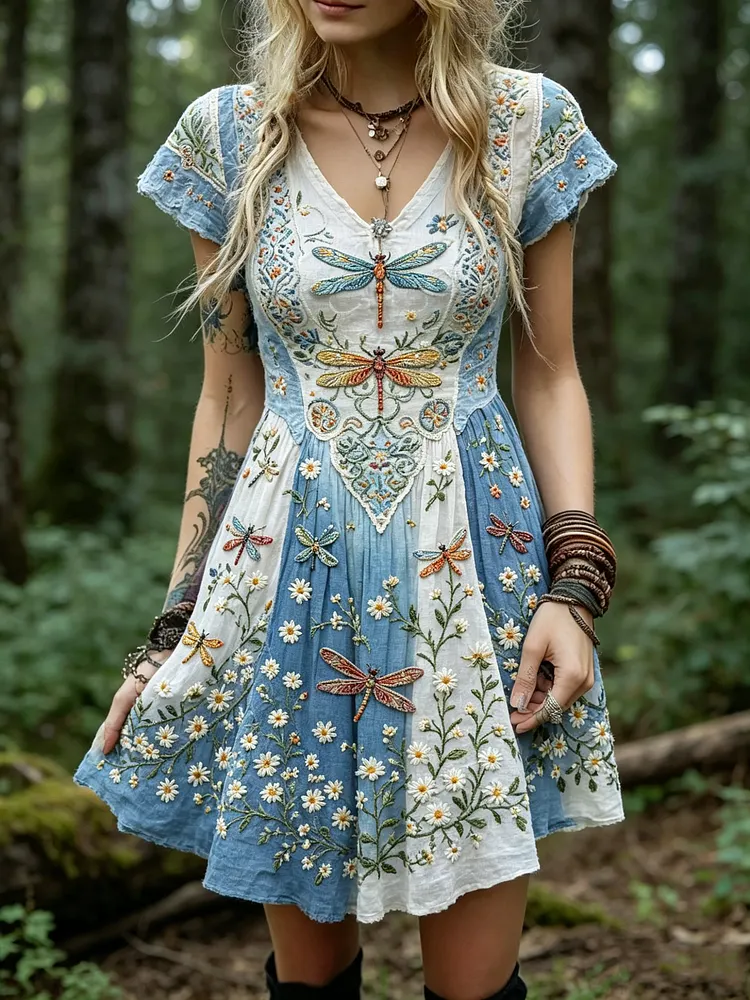 Women's Dragonfly & Floral Embroidered Boho Mini Dress