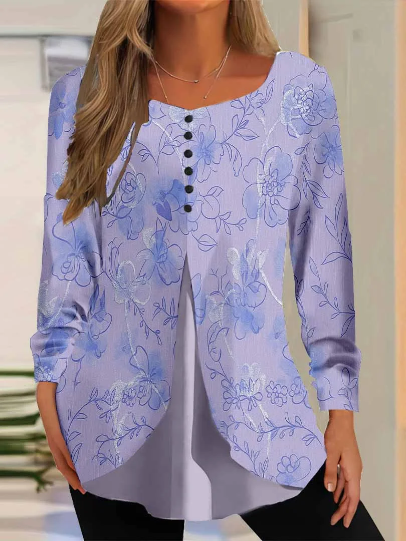 Women Floral,Purple DZGG8310 Long Sleeve Scoop Neck Printed Graphic Button Fake 2in1 Tops