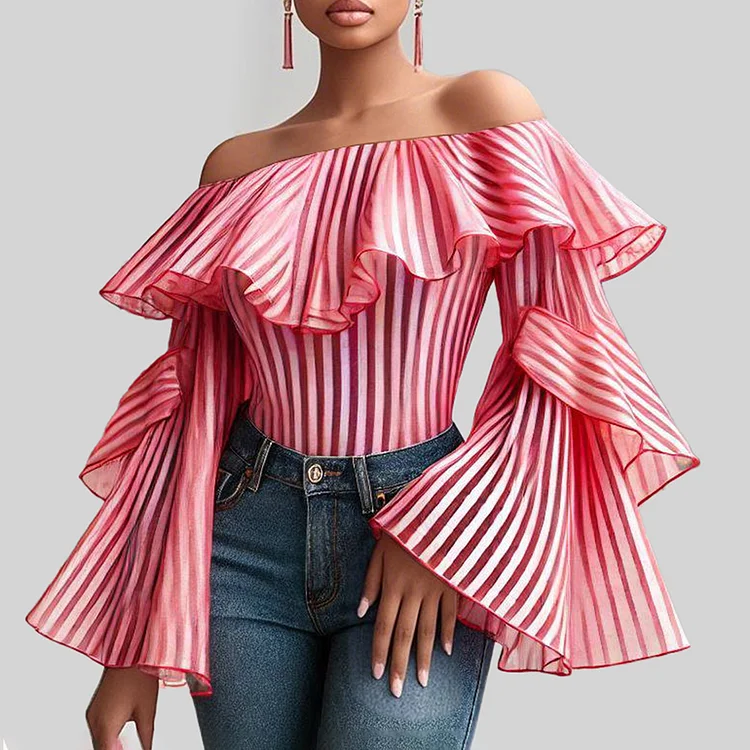 Casual Striped Off Shoulder Ruffled Flare Sleeve Blouse