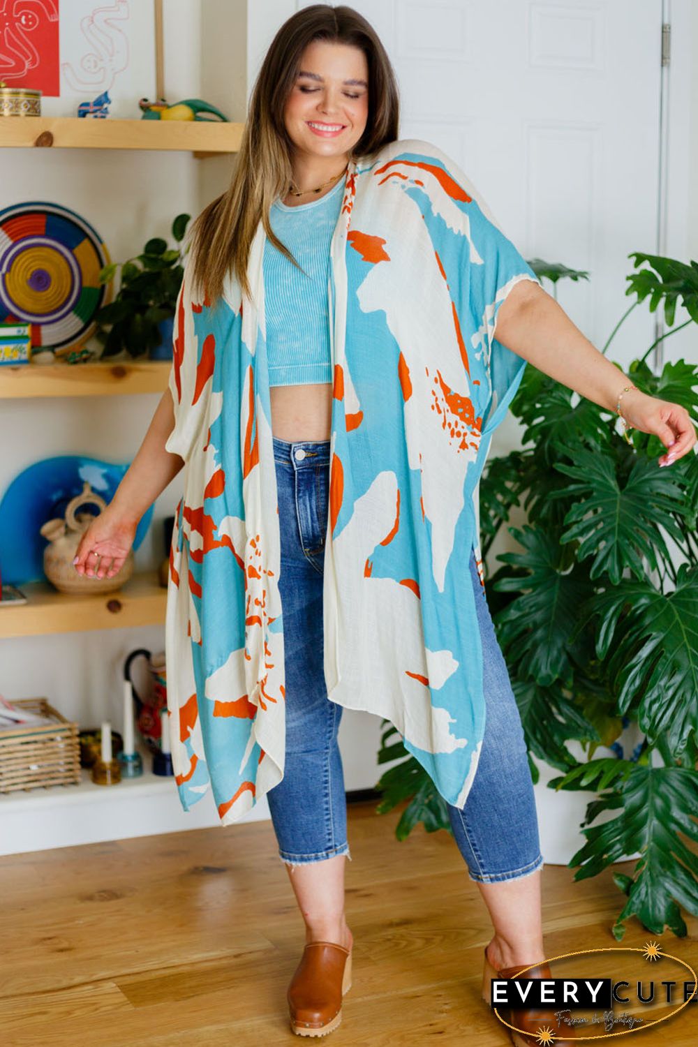 Sky Blue Plus Size Abstract Print Sweeping Kimono