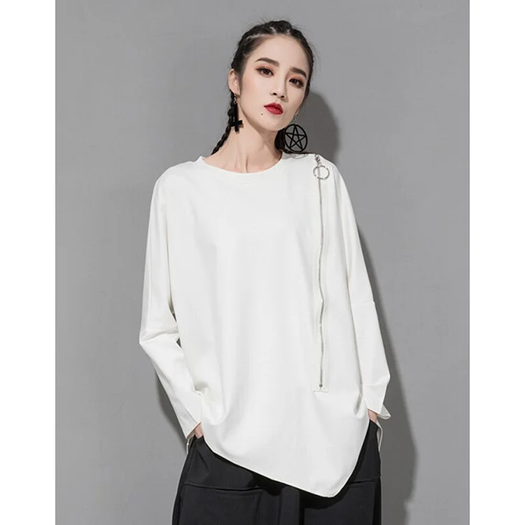 Fashion Solid Color Round Neck Oblique Zipper Irregular Hem Long Sleeve T-shirt  
