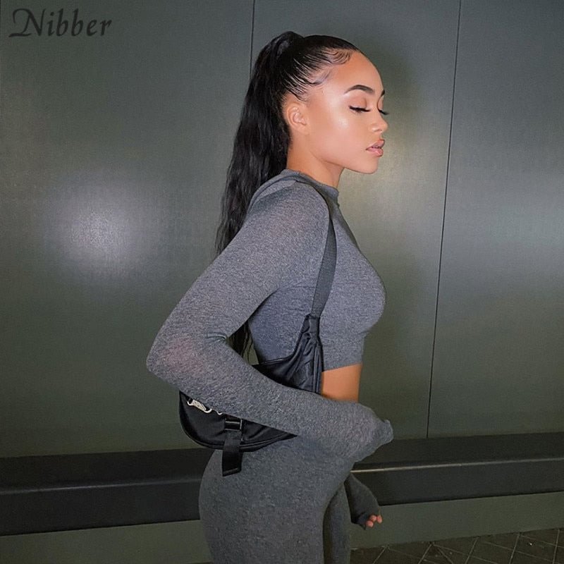 Nibber Basic tracksuit fitness 2piece setfemale fashion autumn crop top leggings Matching set female casual simple activity wear