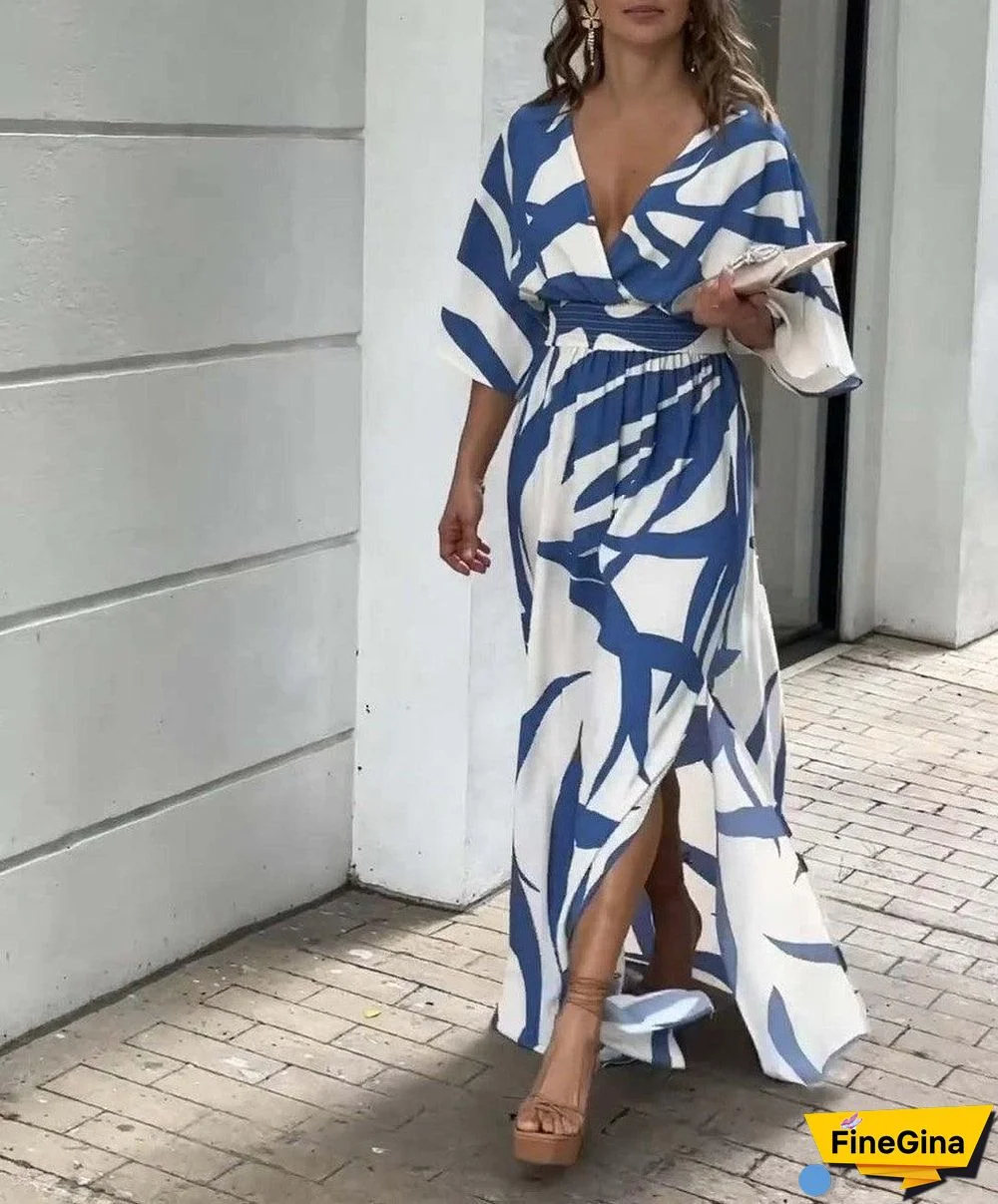 Blue Print 3/4 Sleeve Maxi Dress