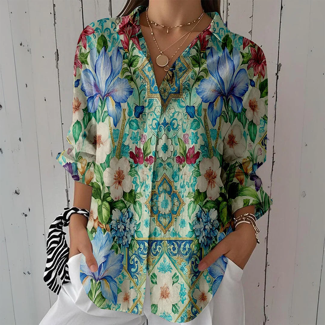 Style & Comfort for Mature Women Women Floral, Green, Blue, Red DZCL0151 3/4 Sleeve Shirt Collar Printed Button Tops