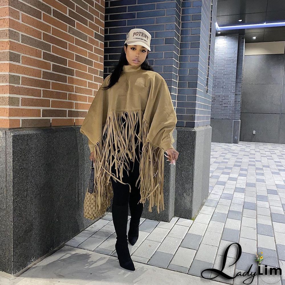 Women Autumn/Winter Premium Deerskin Fleece Fringe Shawl Cape Coat