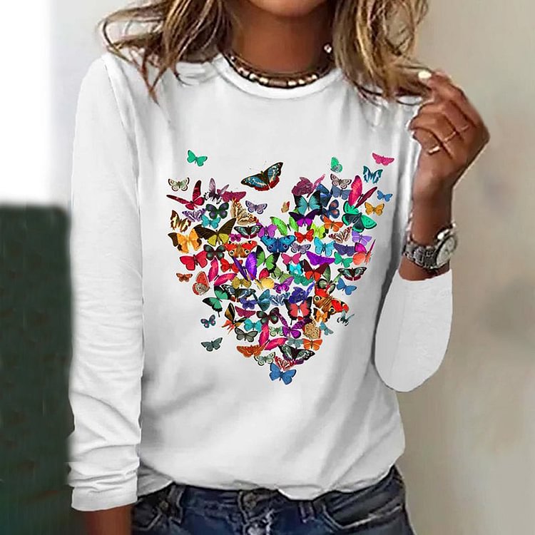 VChics Casual Butterfly Heart Print T-Shirt