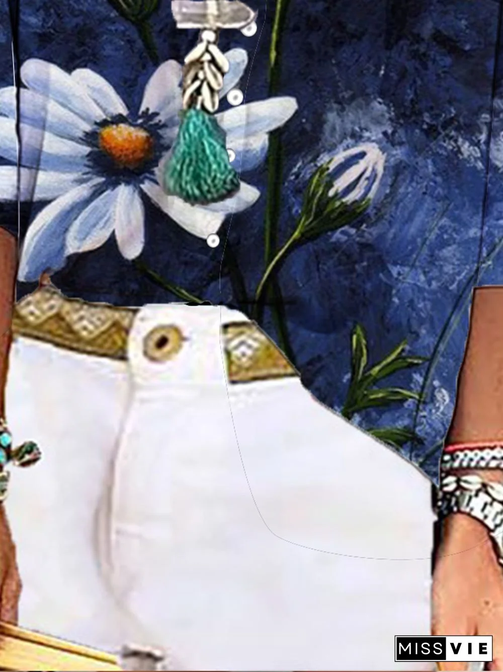 Boho Floral-Print 3/4 Sleeve Blouse