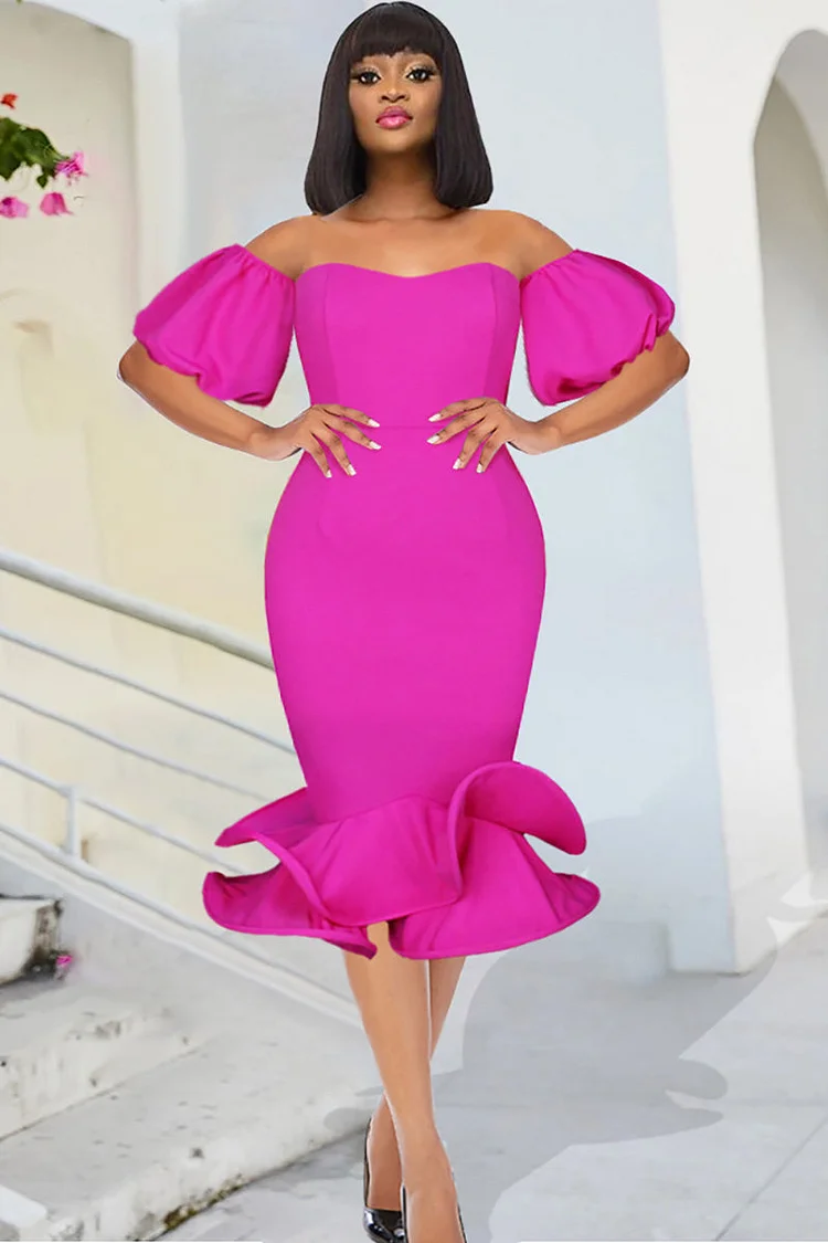 Off Shoulder Puff Sleeve Ruffle Hem Midi Mermaid Prom Dresses
