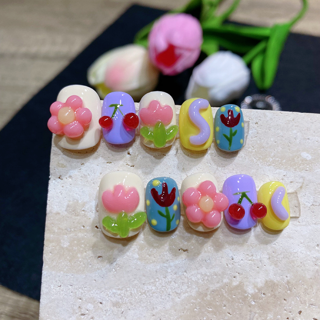 Hand-Sculpted Tulip and Cherry Summer Press-On Nails