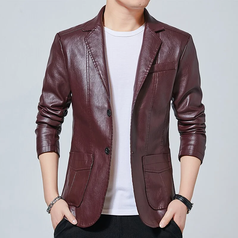 Woherb Faux Leather Coat Blazer Men Business Suit Jackets Male Slim Fit Solid Two Buttons Black Windbreakers Casual blazer hombre