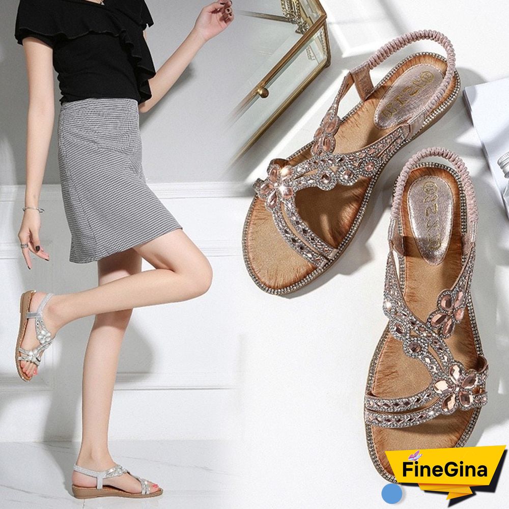 Women Bohemia Style Flats Sandals&nbsp;Bling Flower Crystal Beach Sandals Shoes