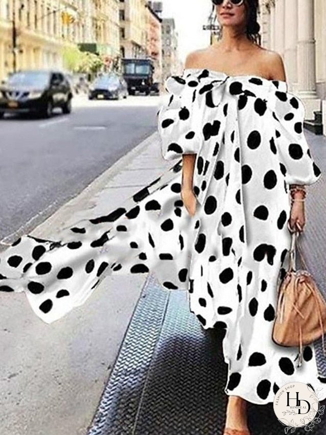 Casual Dress Swing Dress Long Dress Maxi Dress Black Red Brown Sleeveless Polka Dot Print Fall Autumn Off Shoulder Loose Fit S M L XL XXL XXXL 4XL 5XL for Women