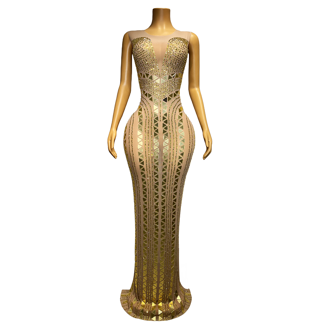 VCSHOES Gold Rhinestones Mirrors Sleeveless Long Dress Female Birthday Celebrate Sleeveles Singer Stage Outfit