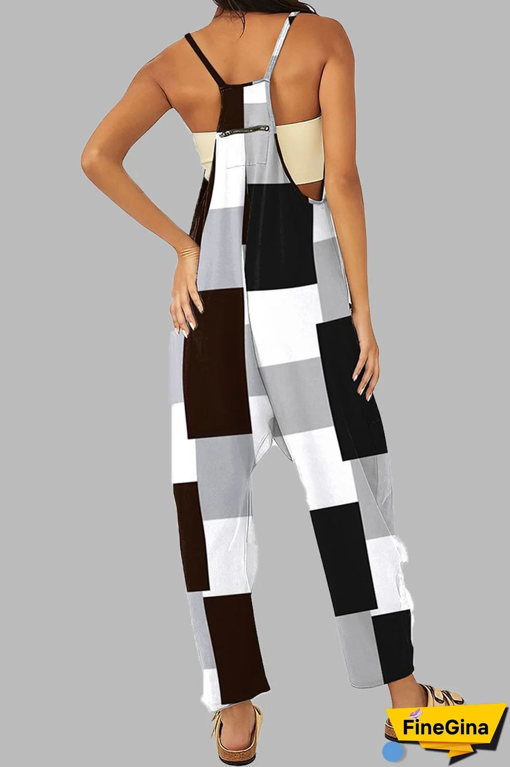 Black khaki Casual Gradual Change Print Patchwork Pocket Zipper Spaghetti Strap Loose Jumpsuits