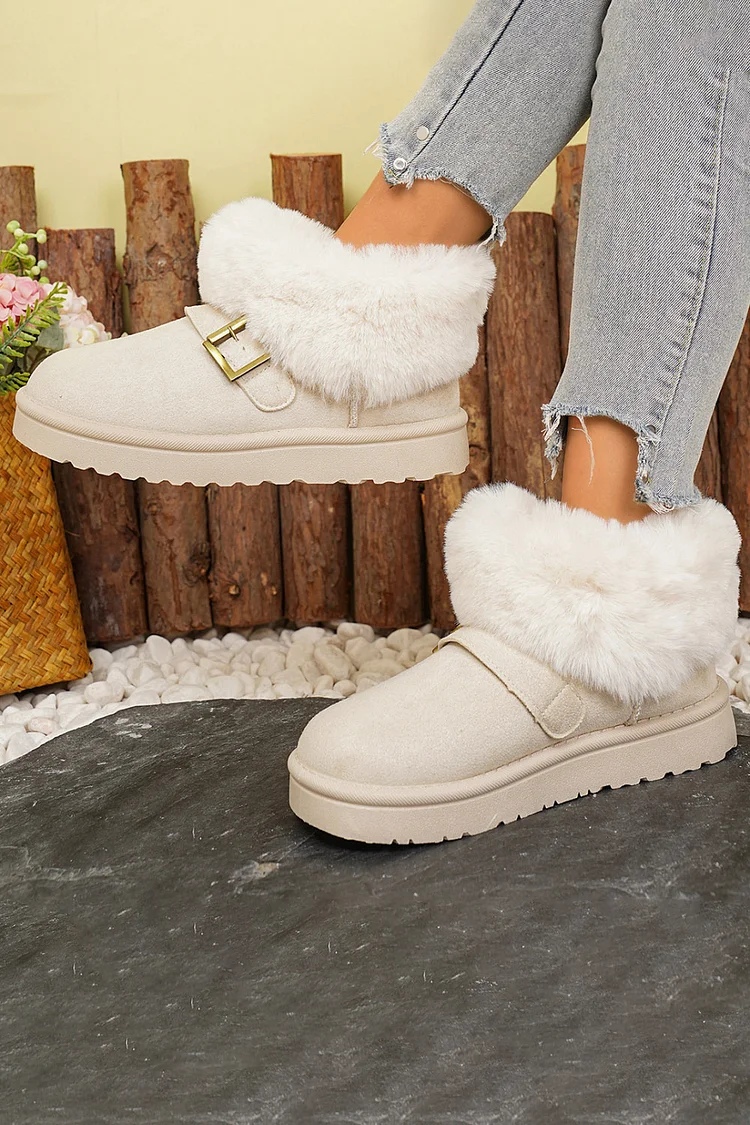 Fur Trimmed Plush Lined Strap Buckle Decor Round Toe Ankle Boots 2024 - Xpluswear