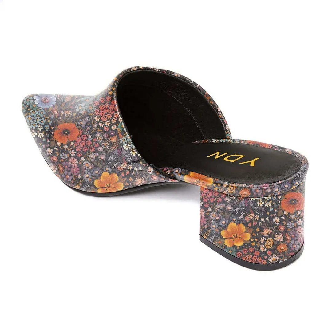 Multicolor Faux Leather Closed Pointed Toe Floral Print Heeled Mules