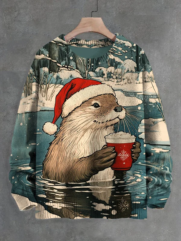 Men's Christmas Otter Drinking Hot Cocoa Snow Scene Print Knit Sweatshirt