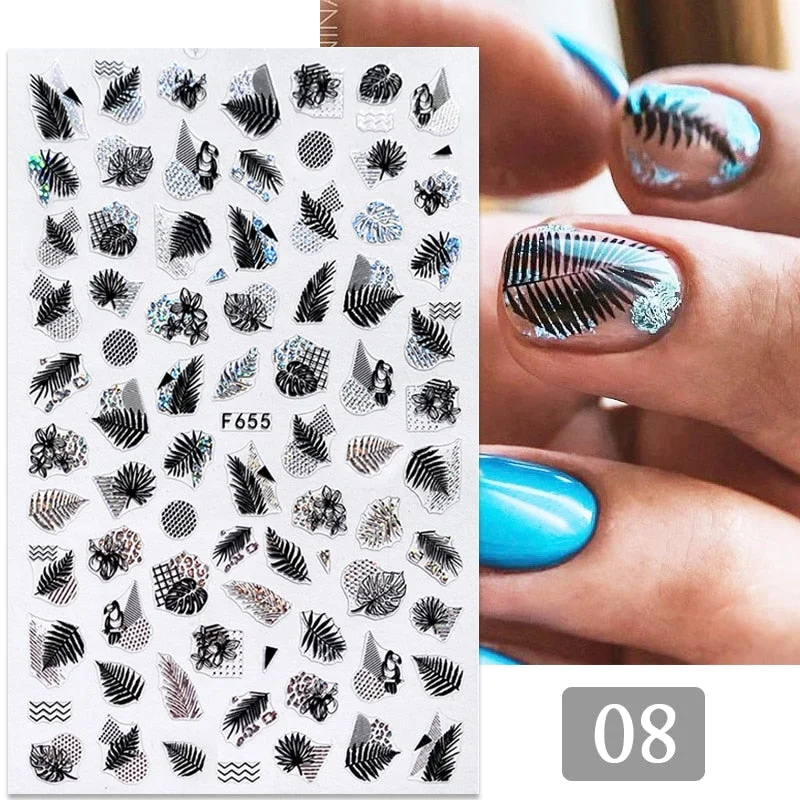 1PC Gold Black Bronzing Leaves Tree 3D Nail Sticker Iridescent Geometrics Lines Adhesive Transfer Sticker DIY Nail Decoration-Nail Inspo