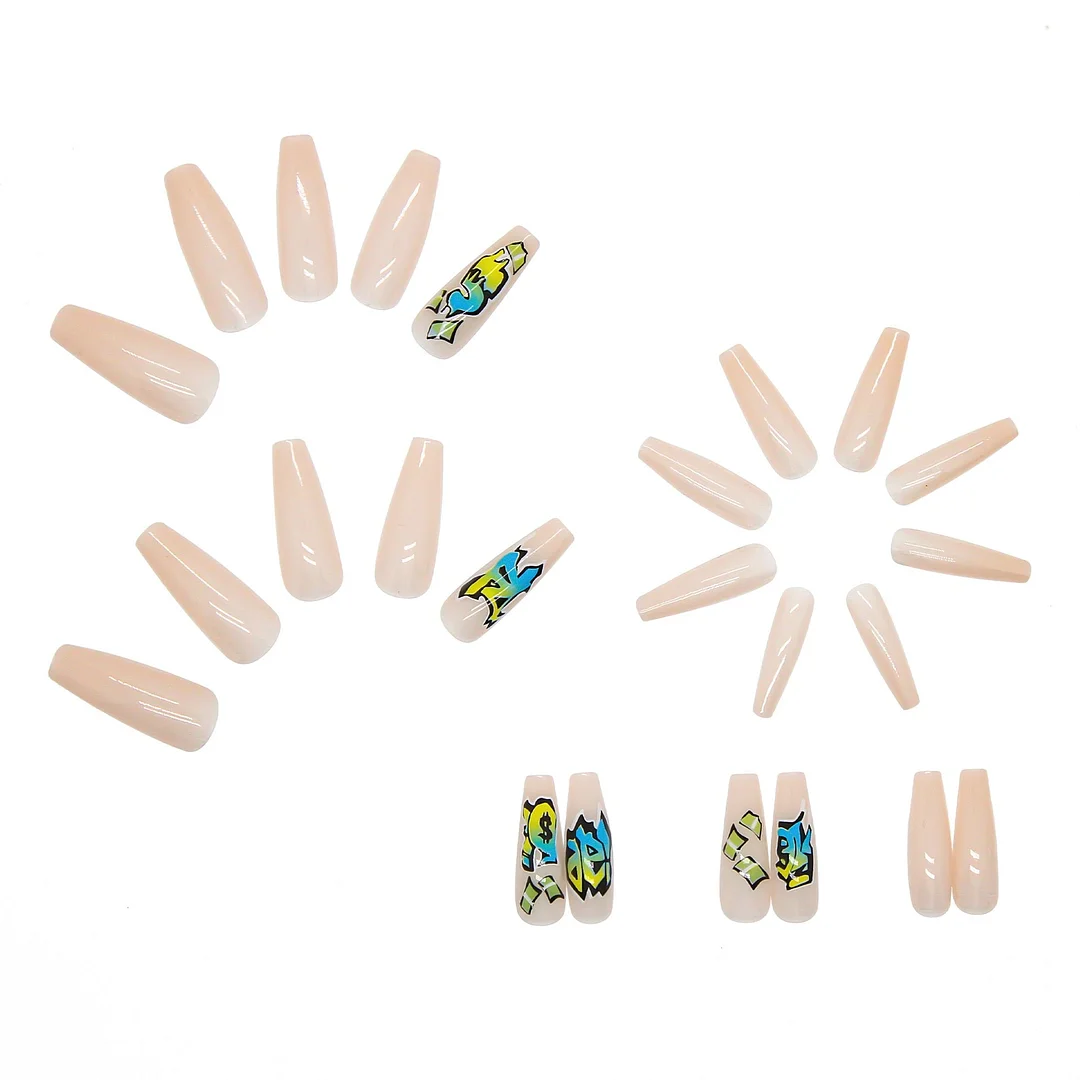 Detachable Coffin Extra Long Graffiti False Nails French Ballerina Fake Nails Full Cover Nail Tips Press On Nails With Glue 24Pc-Nail Inspo
