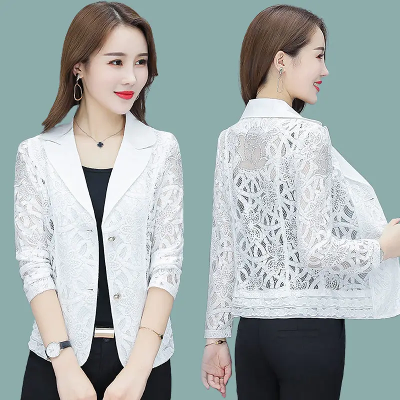 Arcadeour costumes for adult women Spring Summer Women Fashion White Short Slim Blazer Hollow Lace Long Sleeve Casual Jacket Office Ladies Work Wear M-5XL E135