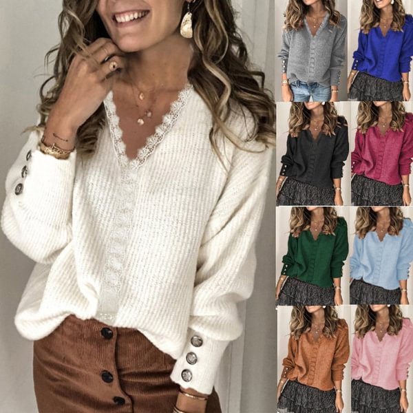 11 Colors Autumn and Winter Women New Lace V-neck Knitted Sweaters Casual Pullovers Women's Loose Long Sleeve Solid Color Knitting Coats - Shop Trendy Women's Fashion | TeeYours