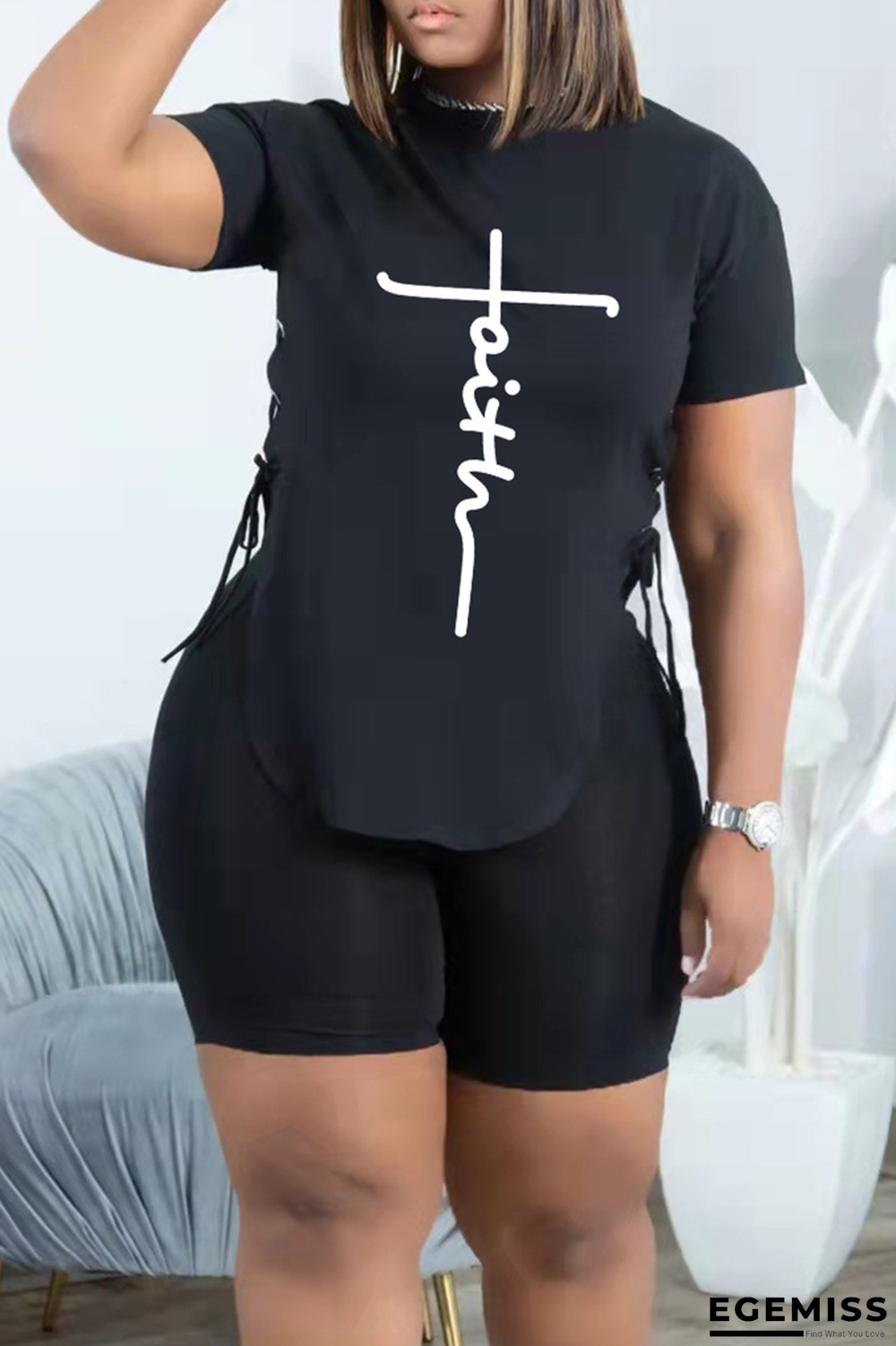 Black Casual Print Draw String O Neck Short Sleeve Two Pieces | EGEMISS