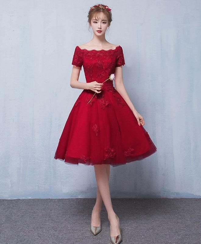 Burgundy Tulle Lace Short Prom Dress, Burgundy Lace Homecoming Dress