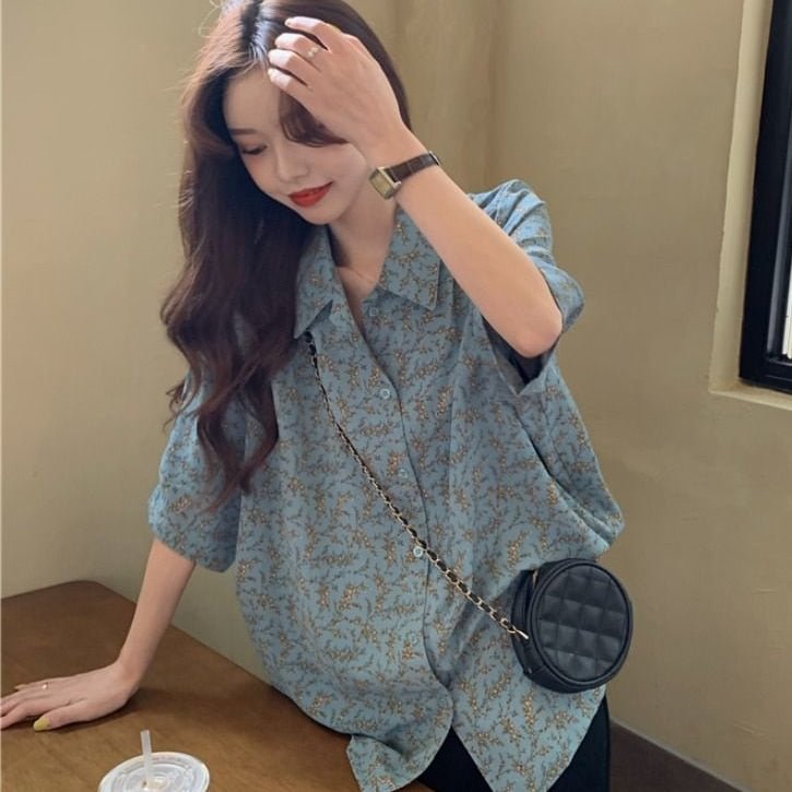 Shirts Women Vintage Summer Turn Down Collar Print BF Style New Collection Feminine Cozy Simple All-match Unisex Chiffon Clothes