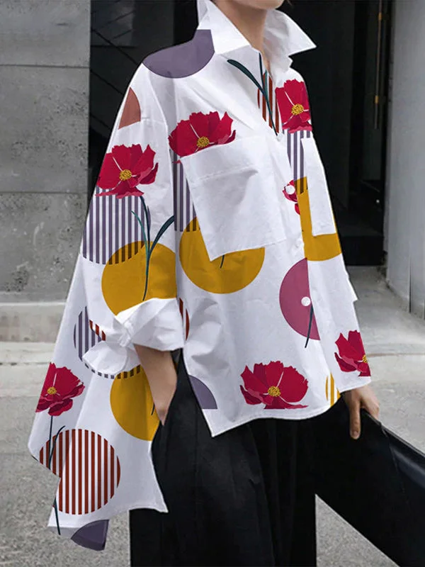 Long Sleeves Loose Buttoned Contrast Color Floral Printed Pockets Polka-Dot Lapel Collar Blouses&shirts Tops