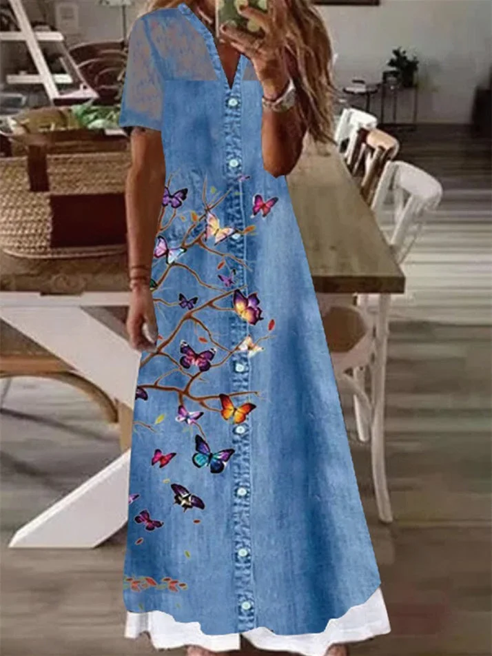 Women Short Sleeve V-neck Lace Graphic Stitching Maxi Dress