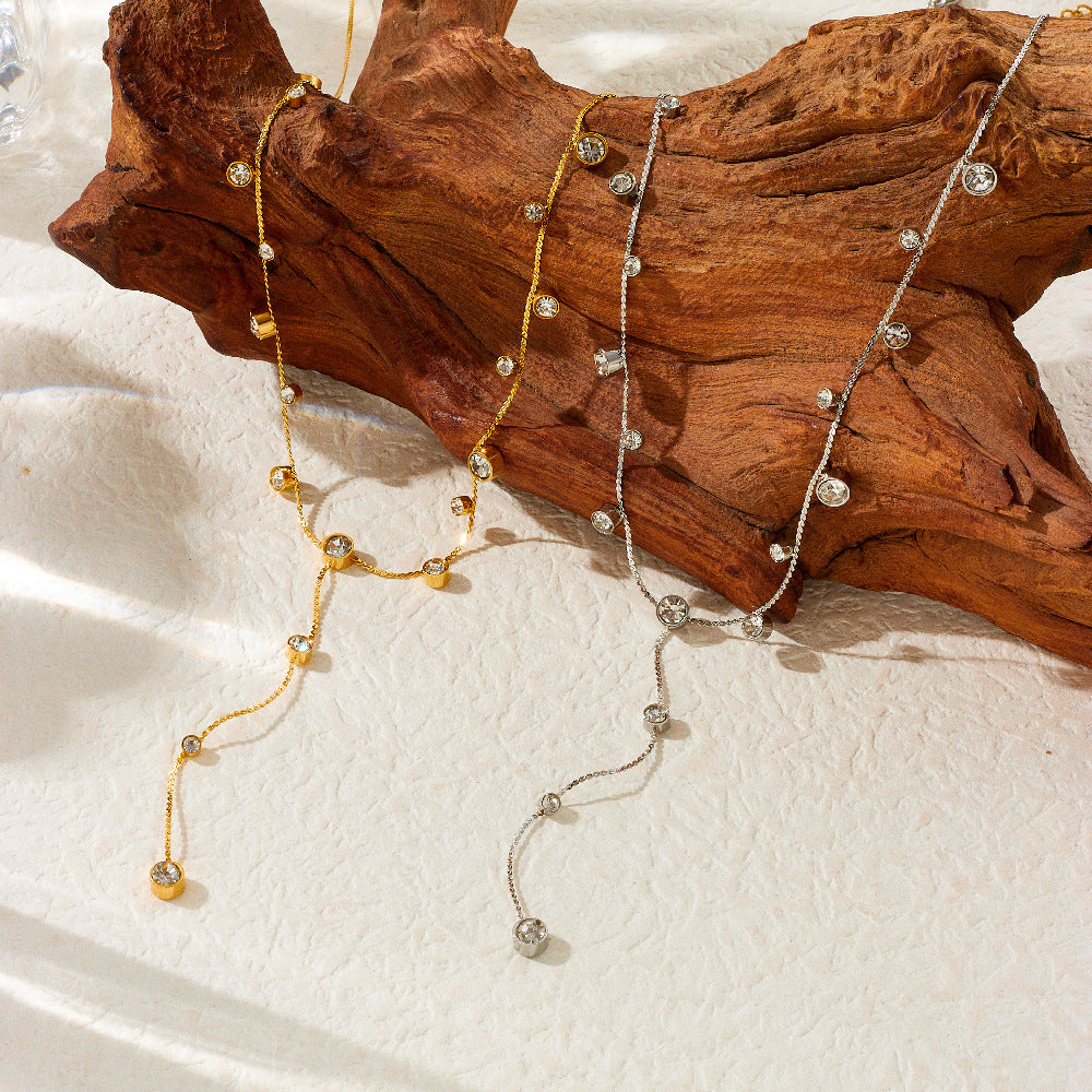 Small Design Versatile Simple Stainless Steel Diamond-Studded Love Disc Accessories Y-Shaped Long Tassel Necklace