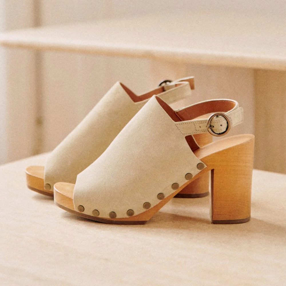 Vegan Suede Peep Toe Studded Platform Slingback Heeled Clogs in Beige