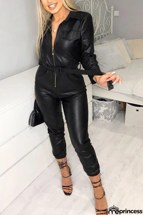 Zipper Long Sleeve PU Jumpsuit