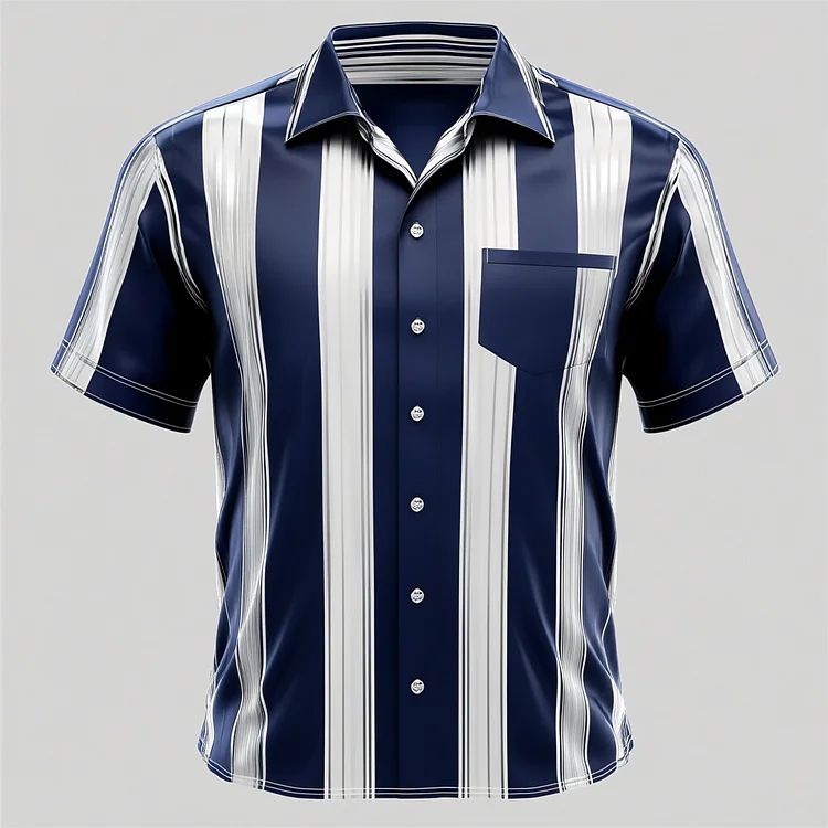 Men's Stripe Pattern Chest Pocket Button Short Sleeve Shirt