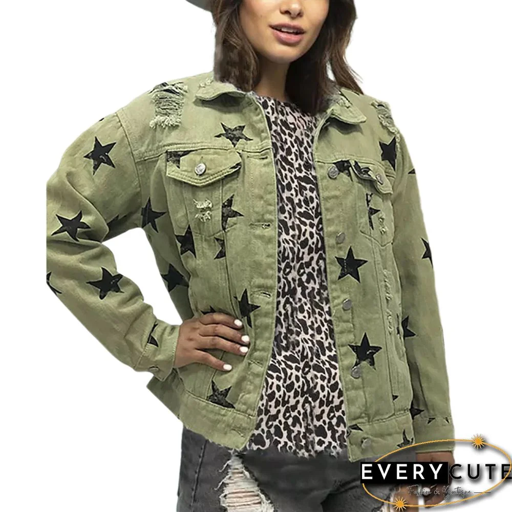 Green Star Print Distressed Denim Jacket