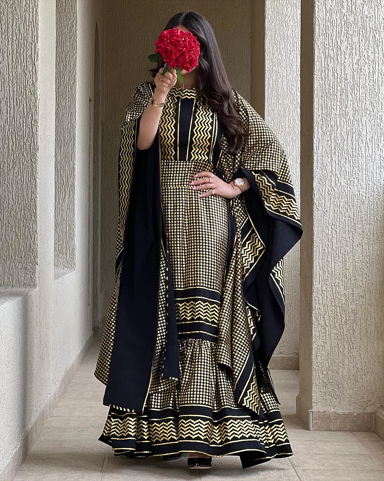 Women's Black Printed Kaftan Dress